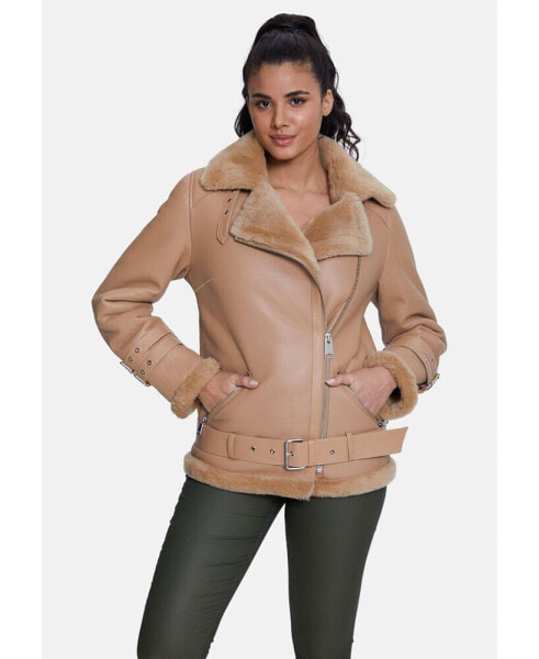 Women's Shearling Belted Biker Jacket, Silky Caramel with Caramel Wool