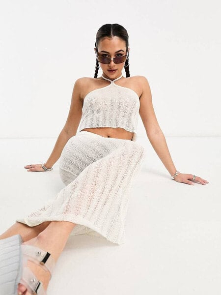 COLLUSION distressed knitted halterneck beach top in white