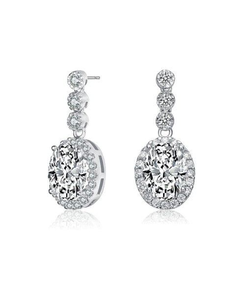 Sterling Silver with Rhodium Plated Clear Oval and Round Cubic Zirconia Halo Drop Earrings