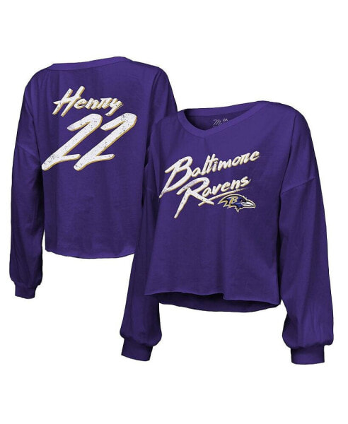 Women's Derrick Henry Purple Baltimore Ravens Name Number Off-Shoulder Script Cropped Long Sleeve V-Neck T-Shirt