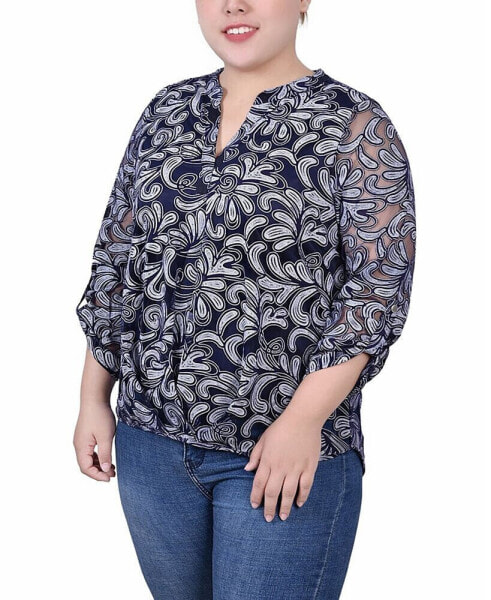 Plus Size Long Sleeve Burnout Y-Neck Blouse