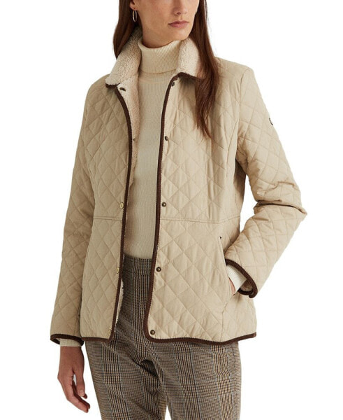 Petite Faux-Sherpa-Collar Quilted Coat