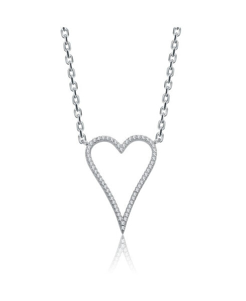 White Gold Plated with Cubic Zirconia Elongated Open Heart Halo Pendant Necklace