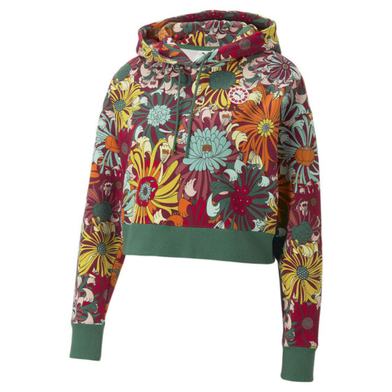 Puma Liberty X Floral Cropped Pullover Hoodie Womens Green Casual Outerwear 5398