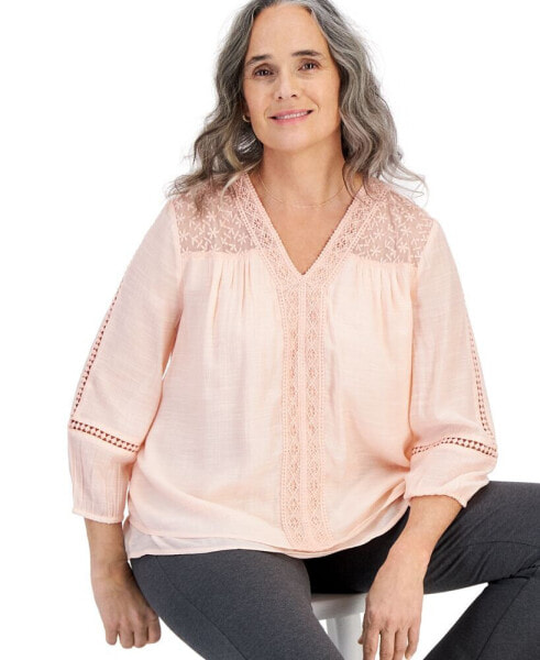 Women's 3/4-Sleeve Embroidered Lace Top, Created for Macy's