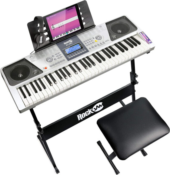 Rockjam 61 Key Keyboard Piano Set with Keyboard Stand, Piano Bench, Headphones, Piano Note Stickers & Lessons