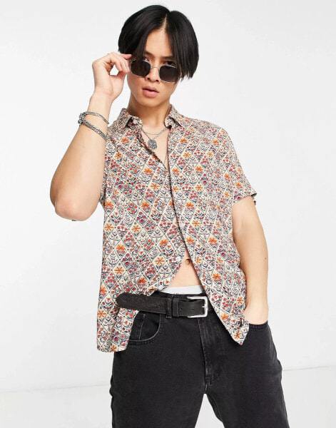 Devils Advocate oversized revere collar shirt in tile print