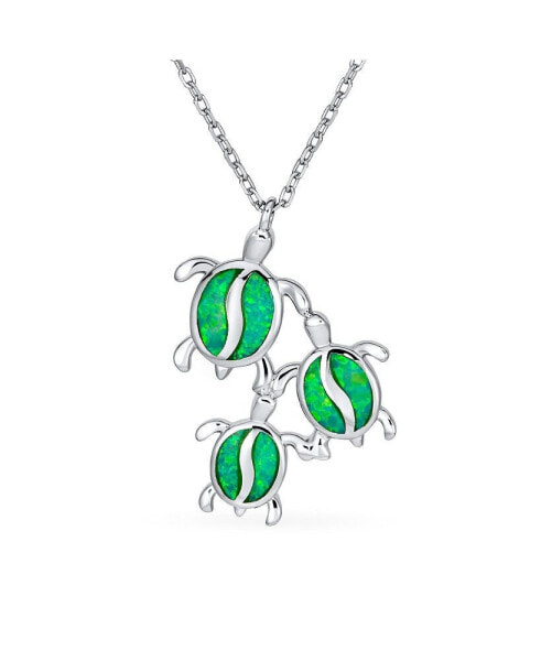 Nautical Synthetic Opal Inlay Green Mother Mom Babies Sea Turtle Family Pendant Necklace Sterling Silver