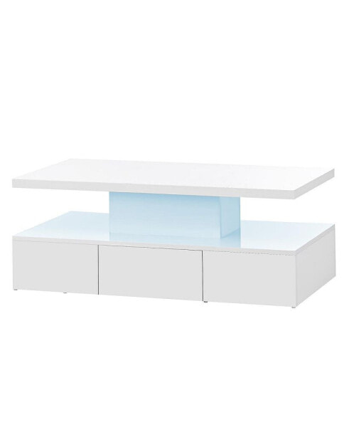 Modern Glossy Coffee Table With Drawer, 2-Tier Rectangle Center Table With Plug-In 16S