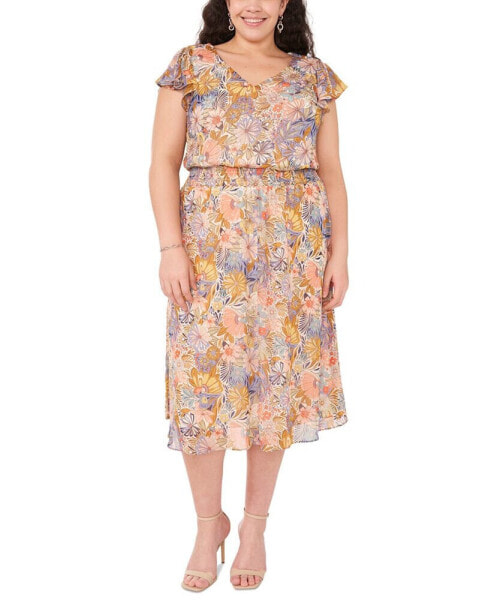 Plus Size Printed V-Neck Flutter-Sleeve Dress