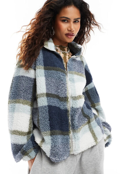 Noisy May zip through fleece in blue check