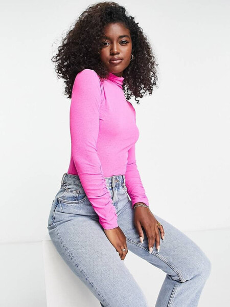 Miss Selfridge textured mesh roll neck bodysuit in pink