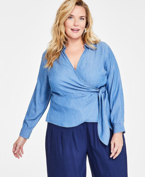 Plus Size Denim Wrap Top, Created for Macy's