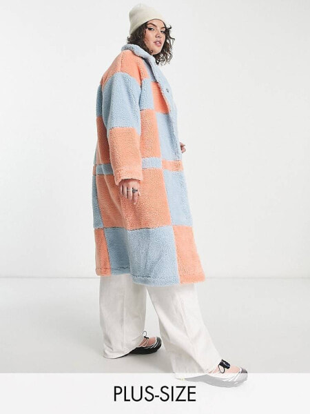 Native Youth Plus oversized longline coat in checkerboard shearling