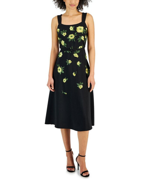 Women's Floral-Embroidered Belted Midi Dress