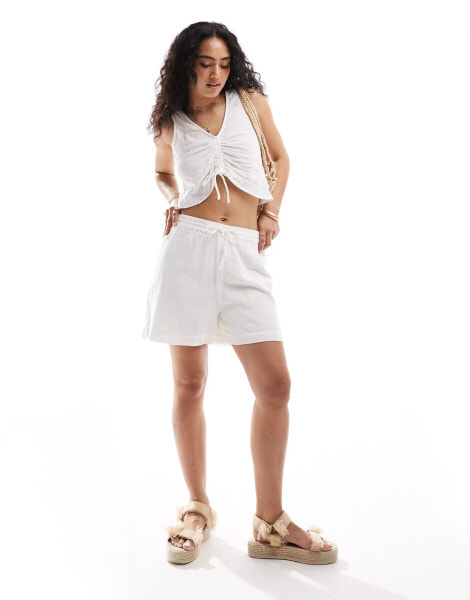 Pieces crinkle tie waist shorts co-ord in white