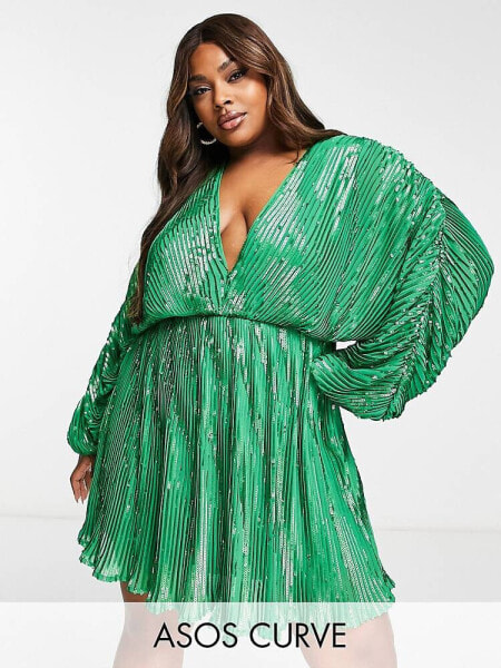 ASOS DESIGN Curve embellishment mini dress with blouson sleeve in green 