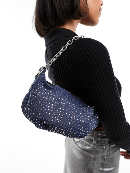 ASOS DESIGN denim diamante chain shoulder bag in blue