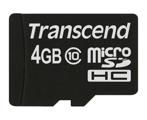 Transcend microSDXC/SDHC Class 10 4GB - 4 GB - MicroSDHC - Class 10 - NAND - 90 MB/s - Black