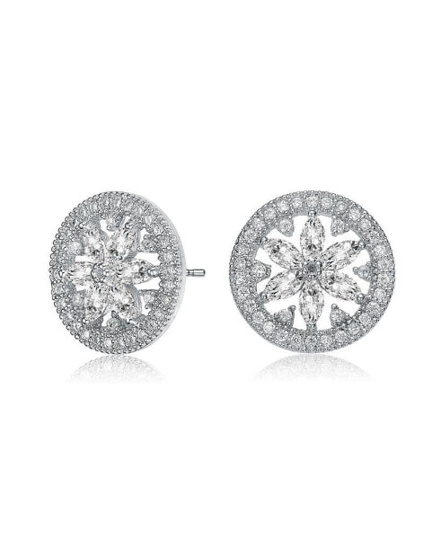 GV Sterling Silver White Gold Plated Clear Marquise with Round Cubic Zirconia Halo Wreath Earrings