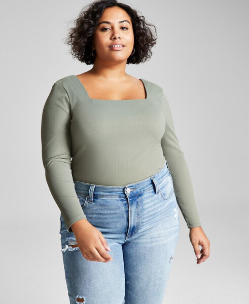 Trendy Plus Size Square-Neck Long-Sleeve Top