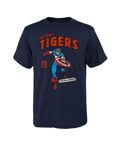 Big Boys and Girls Navy Detroit Tigers Team Captain America Marvel T-shirt