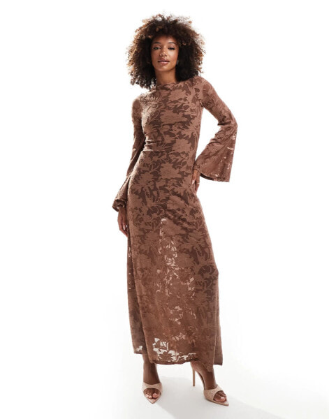 ASOS DESIGN burnout flute sleeve maxi dress with full skirt in brown