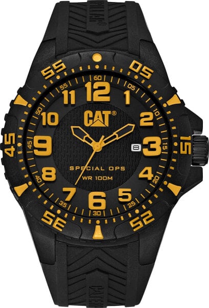 Мужские наручные часы с черным силиконовым ремешком CATERPILLAR CAT Special OPS 2 Black/Yellow Men Watch, 45.5 mm case (K3.121.21.117)