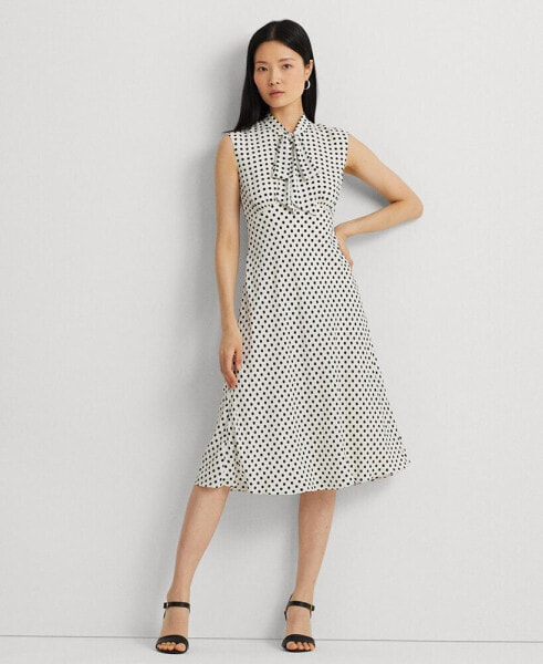 Women's Polka-Dot Georgette Tie-Neck Dress