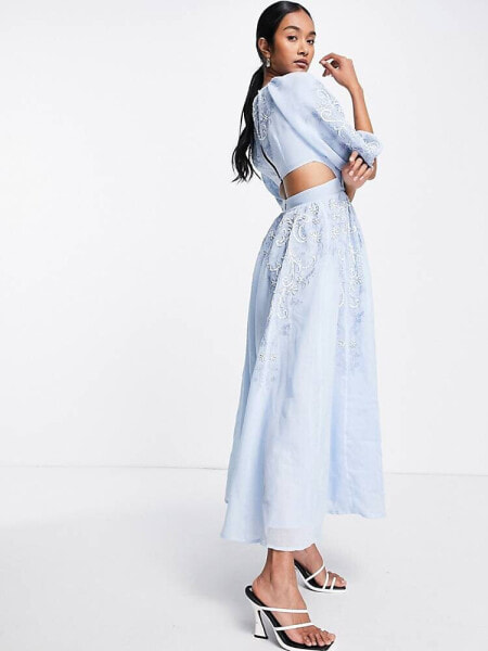 ASOS EDITION puff sleeve midi dress with cut out back and beaded embroidery in blue