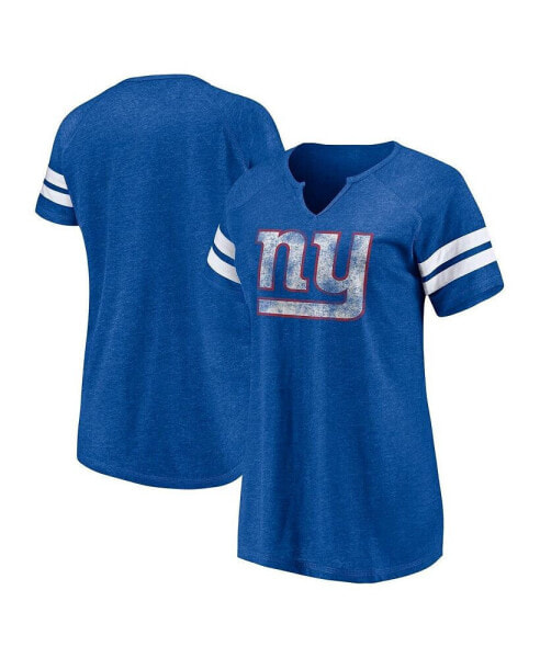 Women's Royal Distressed New York Giants Plus Size Logo Notch Neck Raglan Sleeve T-shirt