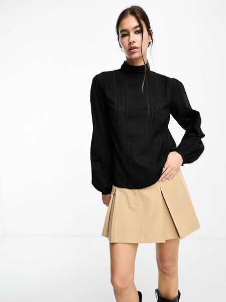 ASOS DESIGN high neck blouse with lace panel inserts in black