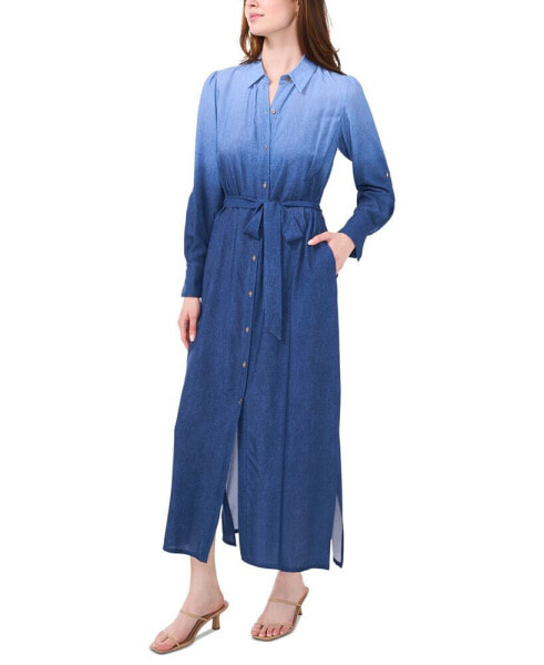 Women's Ombré Belted Long-Sleeve Maxi Shirtdress