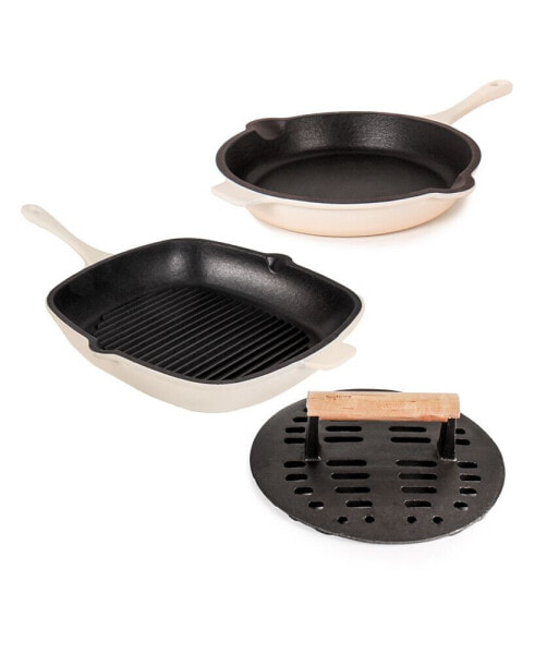 Neo Enameled Cast Iron 3 Piece 10" Fry Pan, 11" Grill Pan, and Slotted Steak Press Set