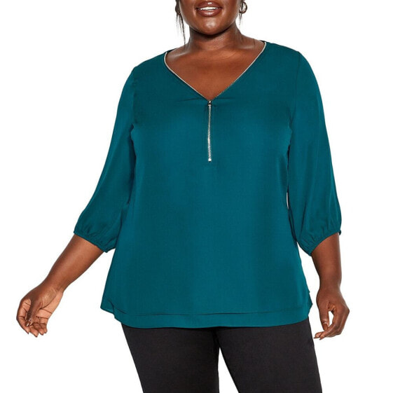 Plus Size Fashion Fling Elbow Sleeve Zip Neck Top