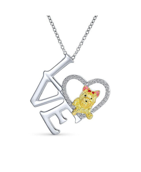 Bling Jewelry bFF Love Heart Puppy Pet Dog Yorkie Pedant Necklace For Women For Teen Gold Rhodium Plated Brass With Chain