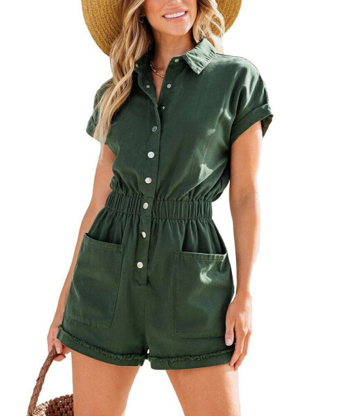 Women's Army Green Collared Smocked Waist Romper