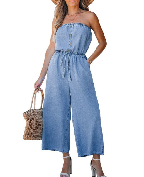 Women's Denim Tube Top Straight Leg Jumpsuit