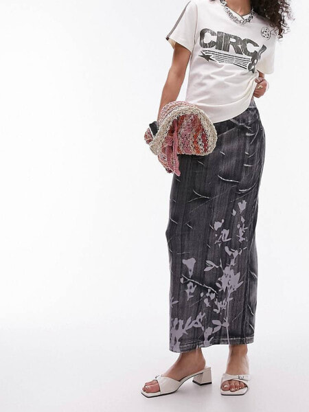 Topshop washed rib floral shadow print midi skirt in grey 