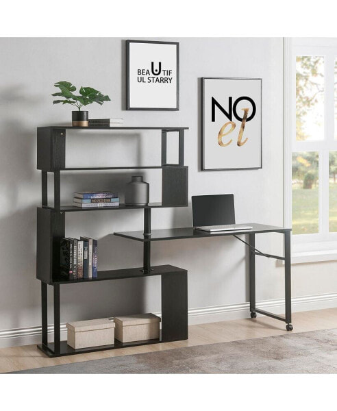 Home Office Computer Desk L-Shaped Corner Table, Rotating Computer Table with 5-Tier Bookshelf