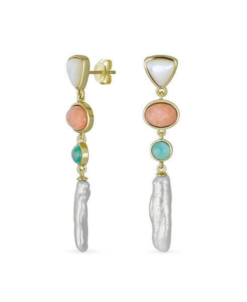 Modern Tri Tone Natural Pastel Pink Green Gemstones Geometric Thin Long White Freshwater Cultured Baroque Pearl Dangle Earrings Gold Plated