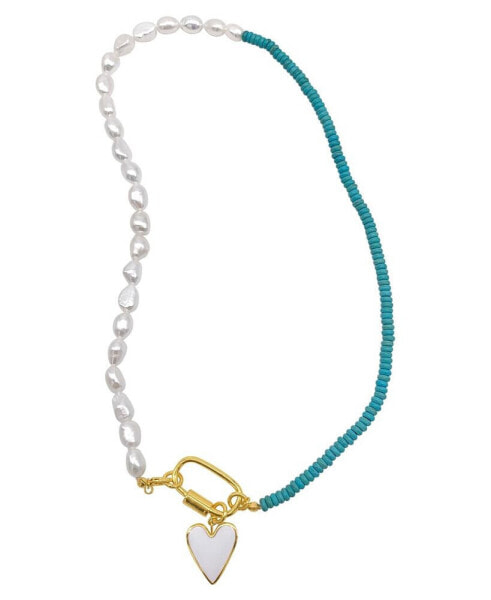 Turquoise and Freshwater Pearl Lock and Heart Pendant Necklace