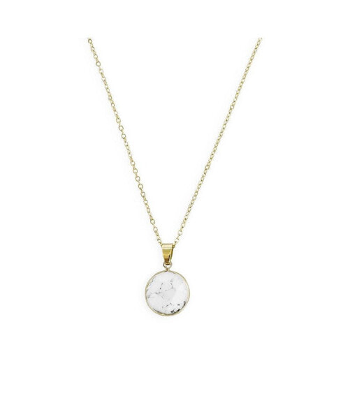 Semi Precious White Howlite Round Pendant Necklace Gold