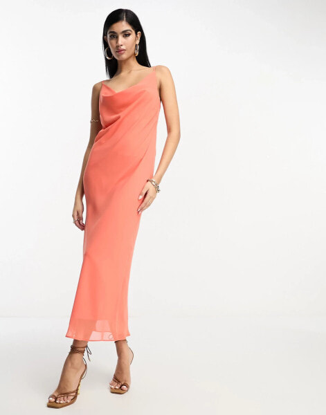 ASOS DESIGN chiffon cowl neck midi slip dress in coral