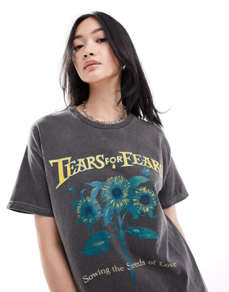 Daisy Street relaxed t-shirt with Tears For Fears sunflower graphic in charcoal