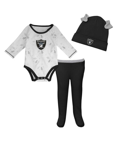 Newborn and Infant Boys and Girls White, Black Las Vegas Raiders Dream Team Onesie Pants and Hat Set