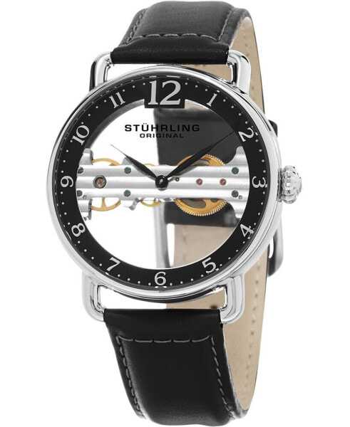 Men's Mechanical Bridge Watch, Silver Tone Case on Black Genuine Leather Strap, Black Skeletonized Dial with Exposed Bridge Movement, Silver Tone and Black Accents