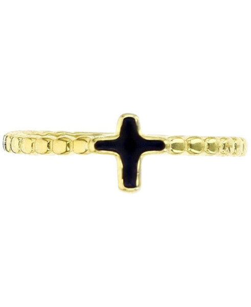 Black Enamel Beaded Cross Ring in 14k Gold-Plated Sterling Silver