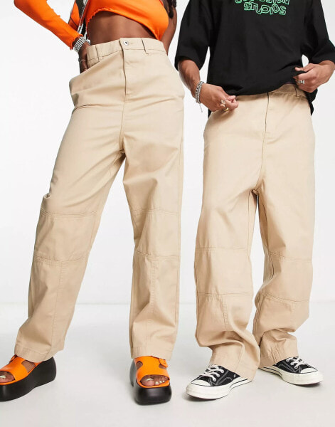 COLLUSION Unisex Y2K twill utility trousers with seam detail in stone