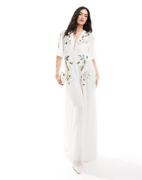 Hope & Ivy Bridal flutter sleeve embroidered floral maxi dress in ivory